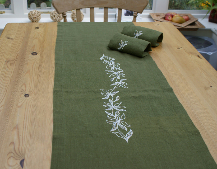 Hemp Table Runner - Deep Sage Green Vine Embroidery 40cm x 180cm